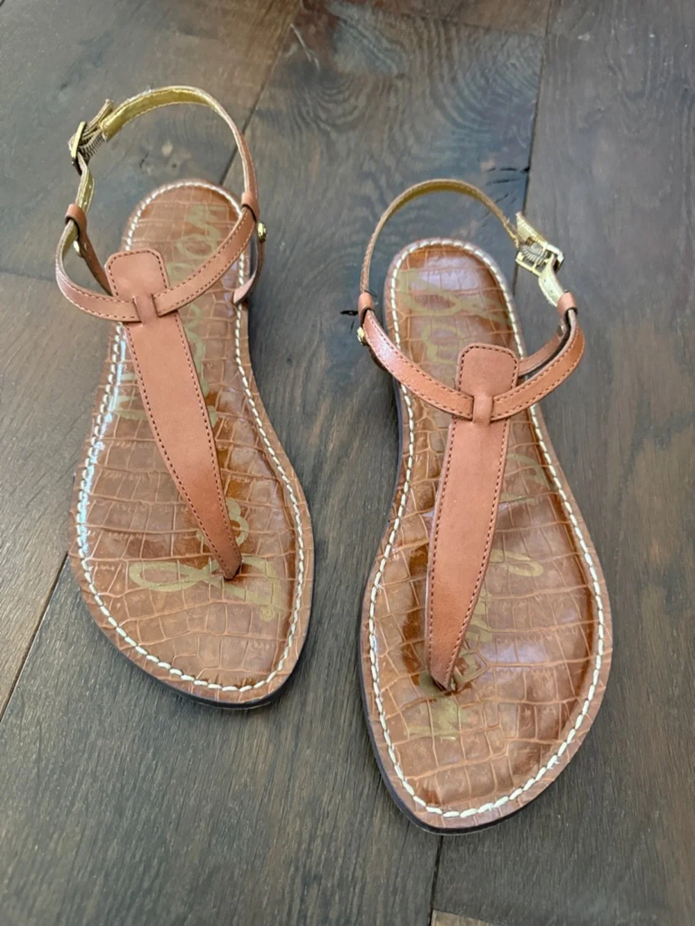 Sam Edelman Tan Brown T-Strap Leather Sandals - Picture 1 of 5
